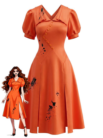 Halloween Orange Taches de Sang Robe Vintage Années 1950