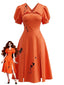 Robe Orange Éclaboussures Manches Bouffantes Années 1950