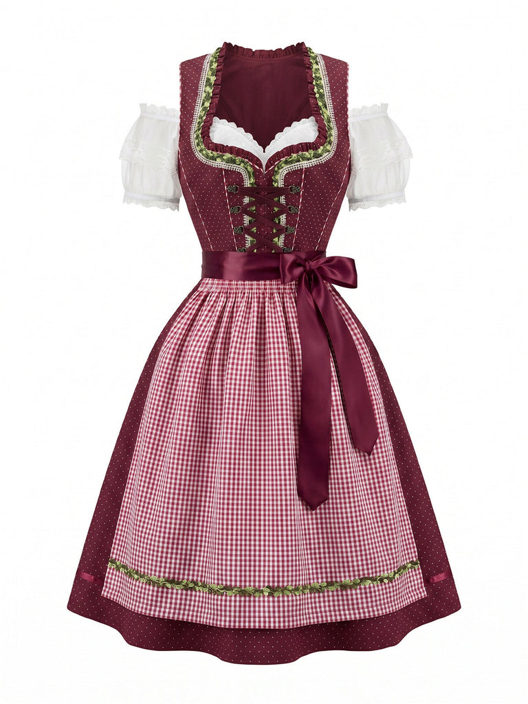 3PCS Robe Coton à Pois & Tablier Vichy & Haut Épaules Dénudées Années 1950 5