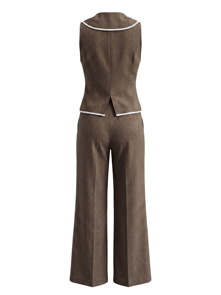 2PCS Gilet Sans Manches à Col V avec Passepoil Contrasté et Pantalon Années 1950
