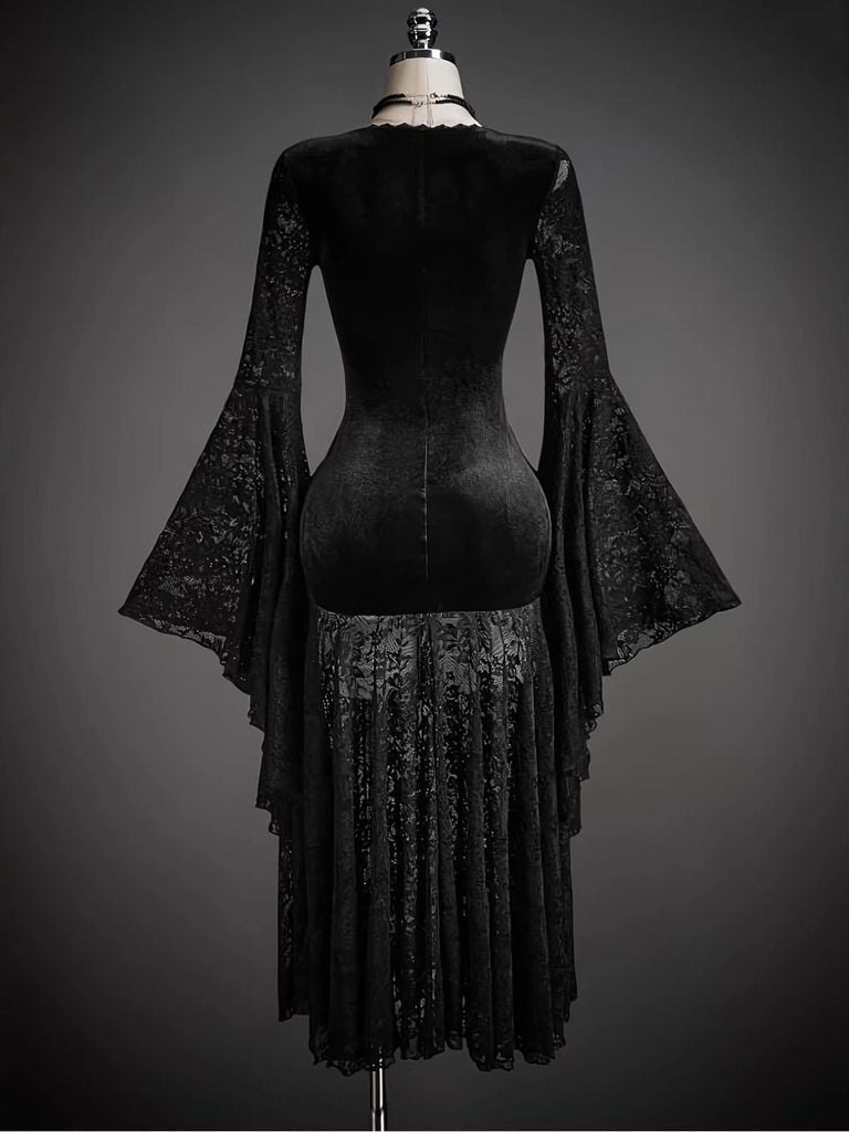 Robe Noire Velours Dentelle Col V Manches Évasées Années 1980 4