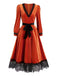 Robe orange en velours à col V plongeant et bordure en dentelle années 1950