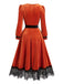 Robe orange en velours à col V plongeant et bordure en dentelle années 1950
