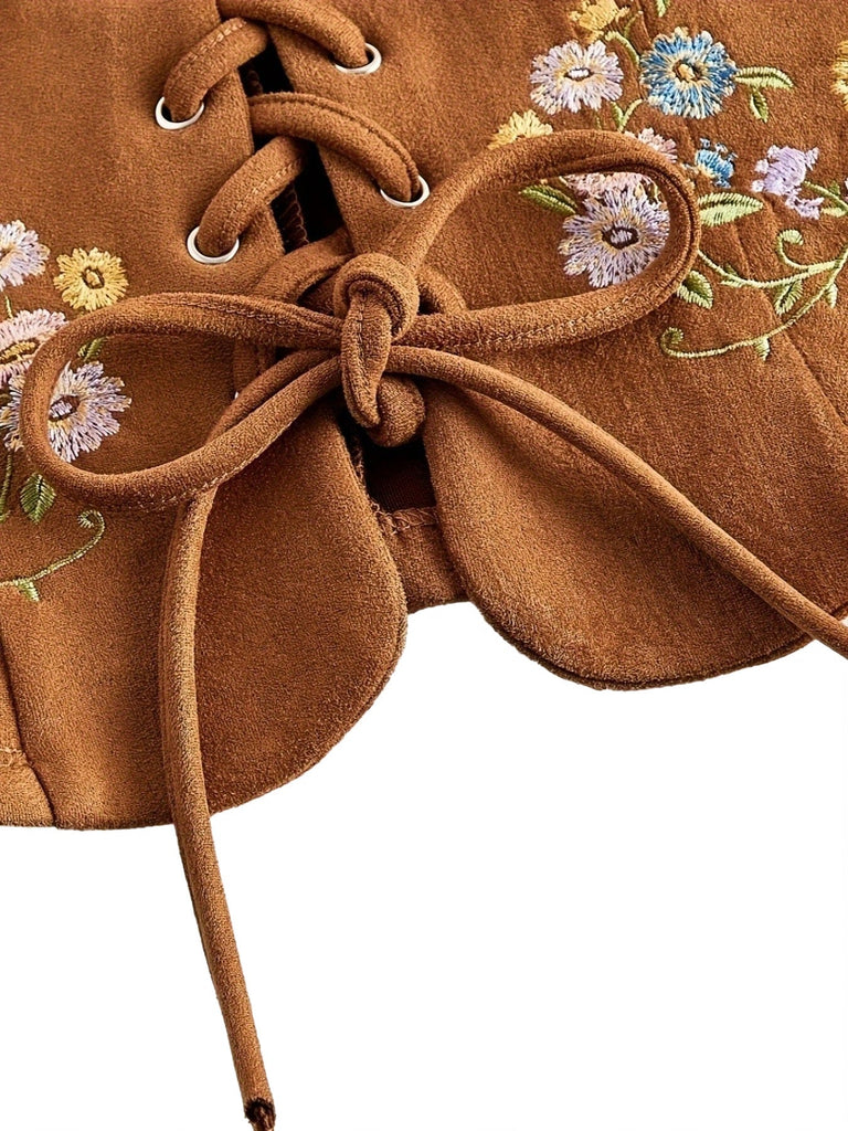 Gilet Corset Boho Marron Broderie Florale Lacé Années 1970 4