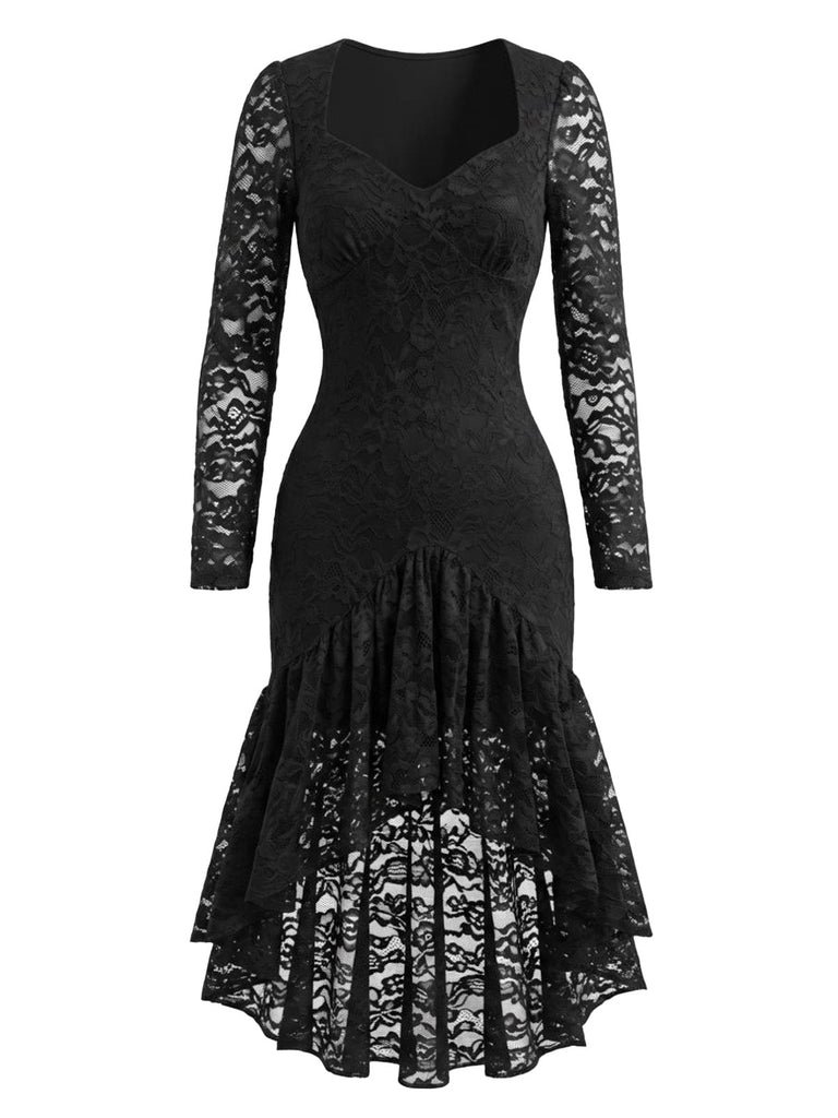 Robe Noir Dentelle Transparent Manche Ourlet Asymétrique Années 1960