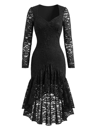 Robe Noir Dentelle Transparent Manche Ourlet Asymétrique Années 1960