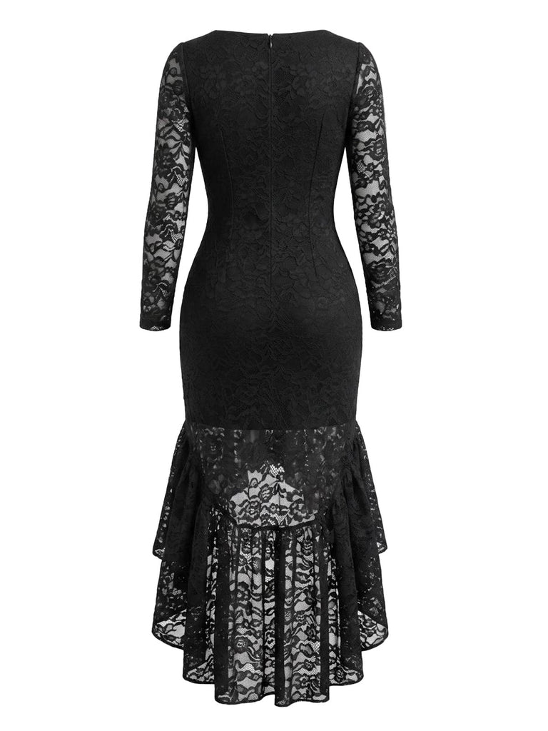 Robe Noir Dentelle Transparent Manche Ourlet Asymétrique Années 1960