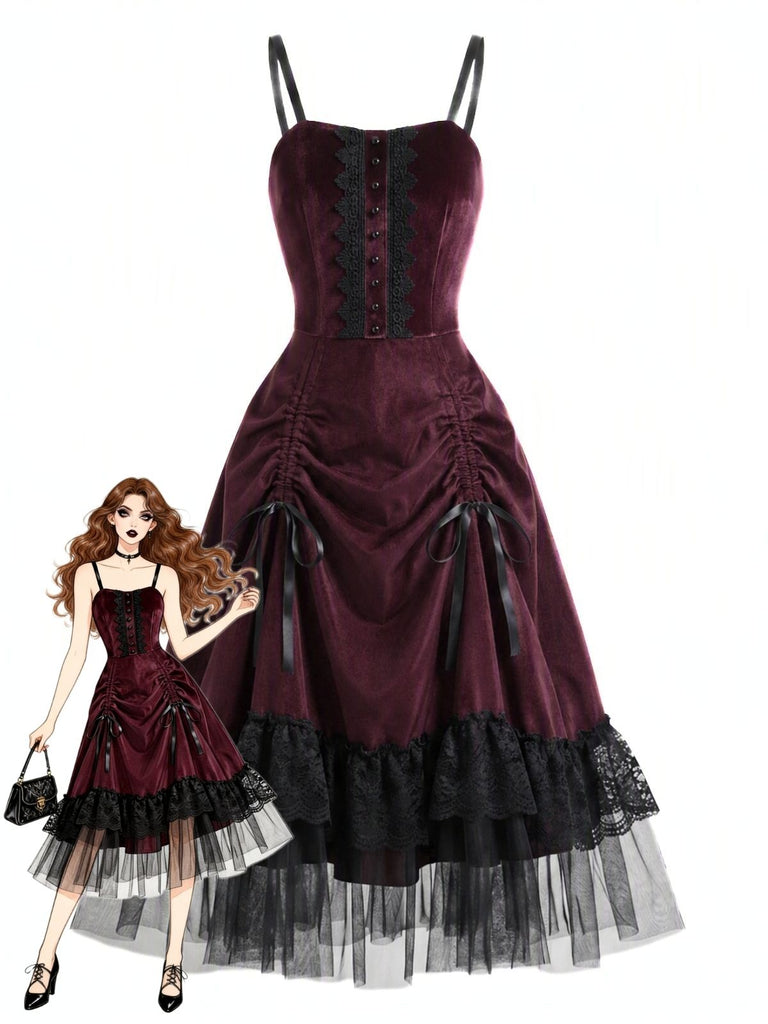 Robe gothique d’Halloween en dentelle et tulle, lacée et froncée années 1950