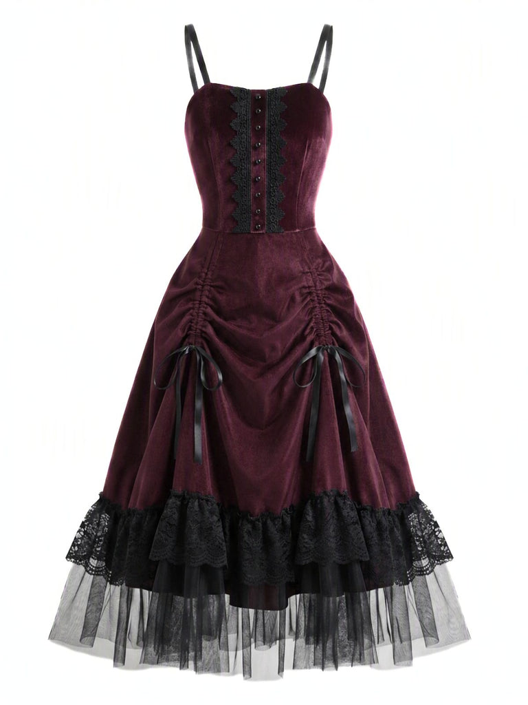 Robe gothique d’Halloween en dentelle et tulle, lacée et froncée années 1950