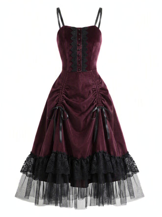 Robe gothique d’Halloween en dentelle et tulle, lacée et froncée années 1950
