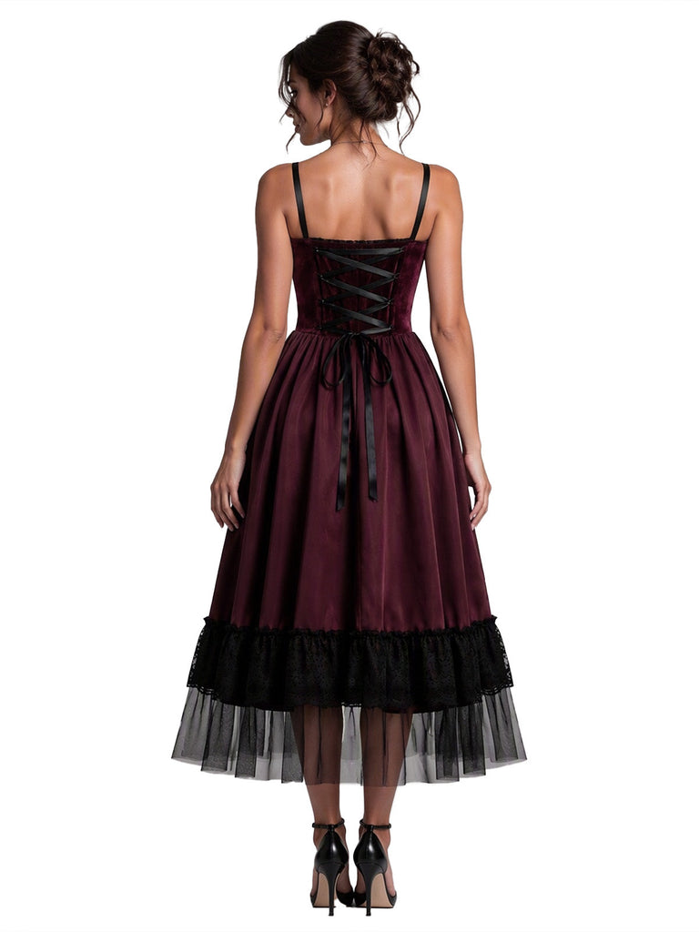 Robe gothique d’Halloween en dentelle et tulle, lacée et froncée années 1950