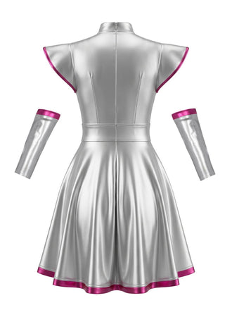 Robe Métallique Argent Fuchsia Avec Brassards Années 1970