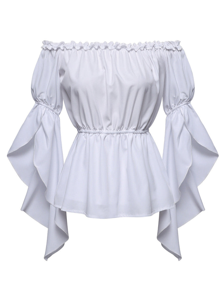 2PCS Lie-de-Vin Off‑Shoulder Top et à Volants Étagés Volant Jupe Années 1950