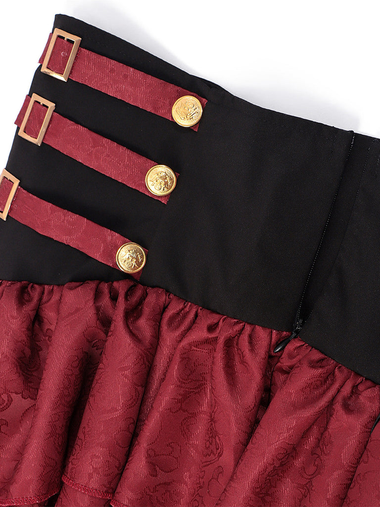 2PCS Lie-de-Vin Off‑Shoulder Top et à Volants Étagés Volant Jupe Années 1950