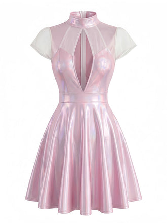 Robe Rose Col V Profond Métallique Laser Mesh Patchwork Années 1960 2