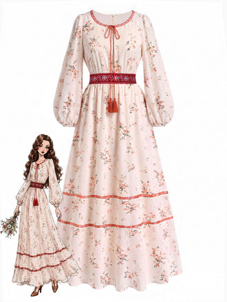 [Prévente] Robe Boho Floral Brodé Manches Lanternes Maxi Années 1970