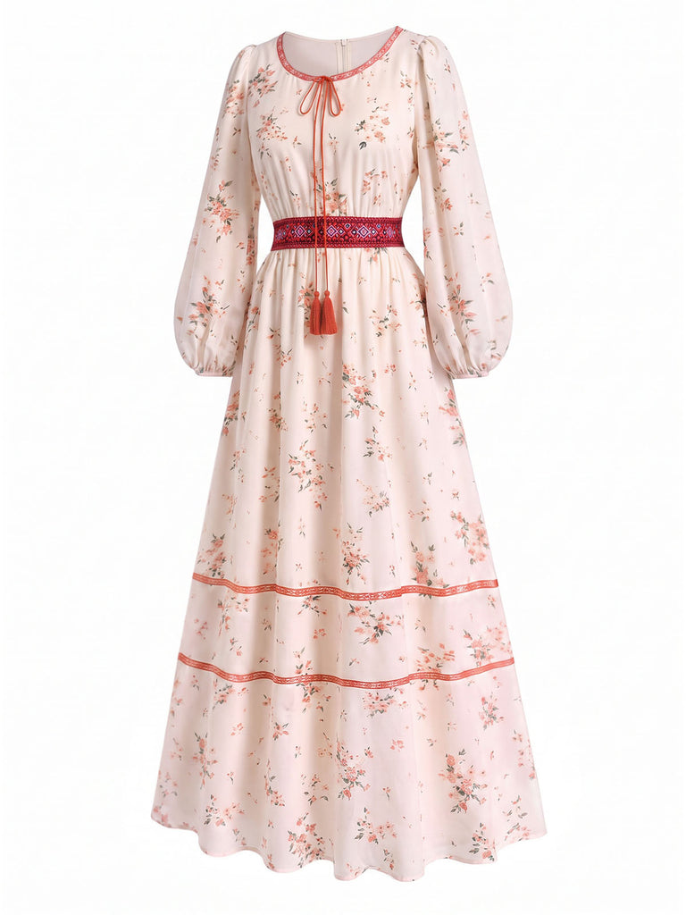 [Prévente] Robe Boho Floral Brodé Manches Lanternes Maxi Années 1970