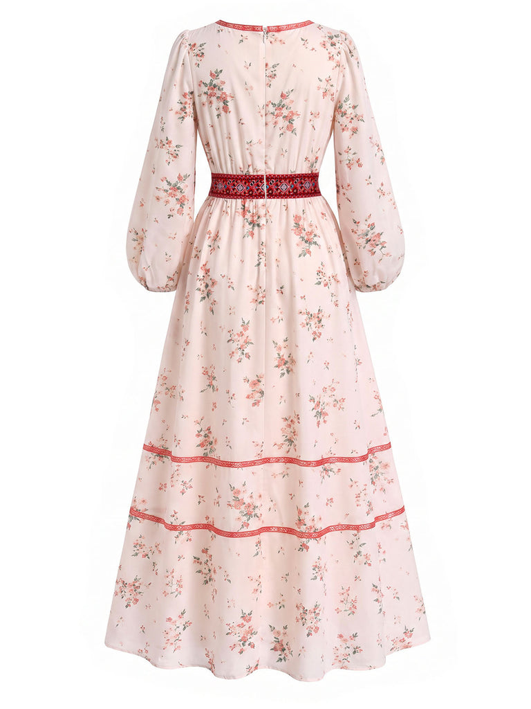 [Prévente] Robe Boho Floral Brodé Manches Lanternes Maxi Années 1970
