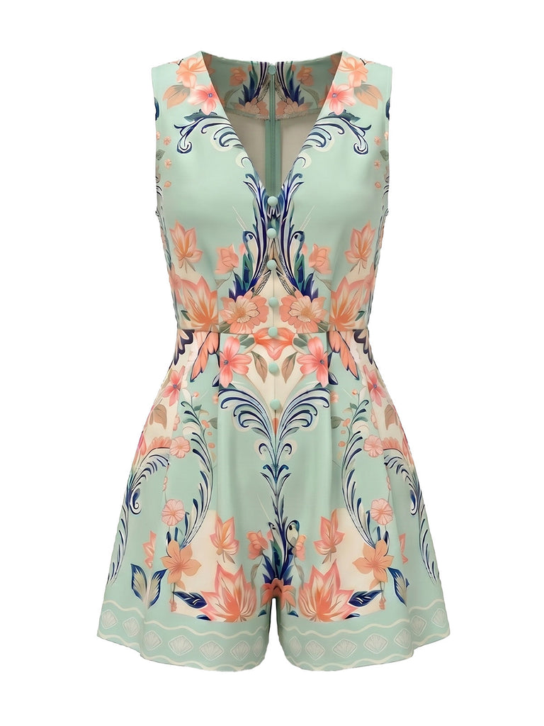 [Prévente] Combishort Vert Menthe Col V Symmetrical Floral Années 1950 2