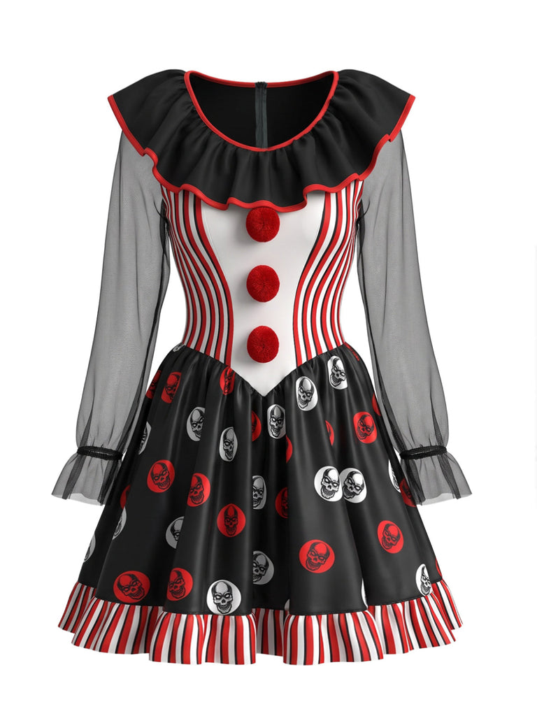 Robe costume noire de clown d’Halloween à crânes et rayures années 1950