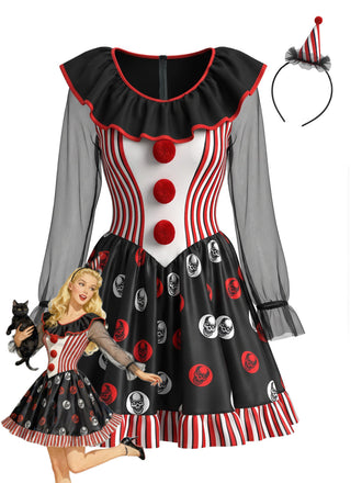 Robe costume noire de clown d’Halloween à crânes et rayures années 1950