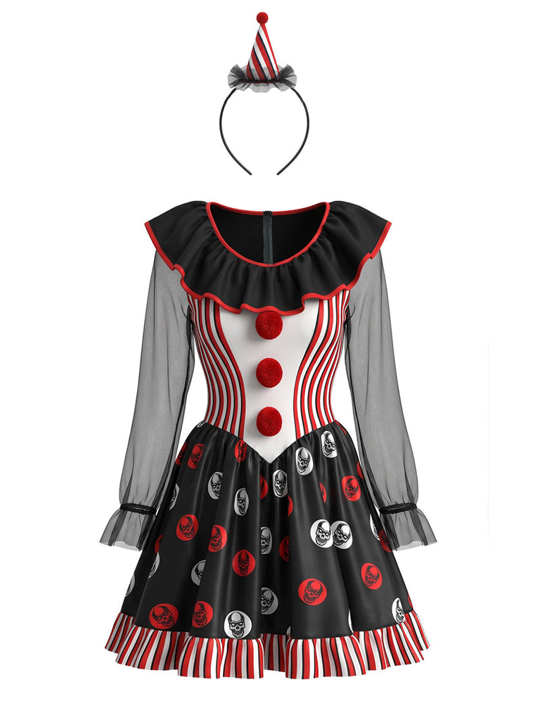 Robe costume noire de clown d’Halloween à crânes et rayures années 1950