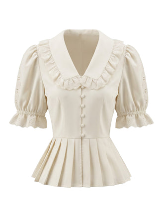 Blouse Beige Dentelle Col Claudine Manches Bouffantes Années 1970