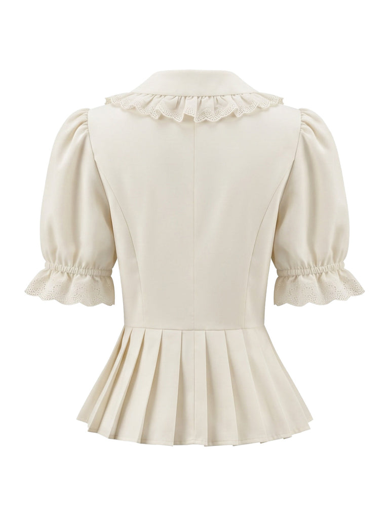 Blouse Beige Dentelle Col Claudine Manches Bouffantes Années 1970 2
