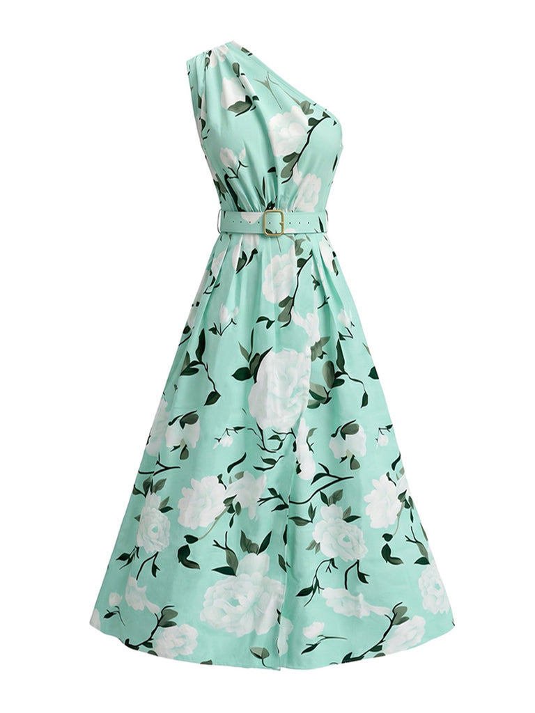 Robe Florale Asymétrique Sans Manches Verte Années 1950