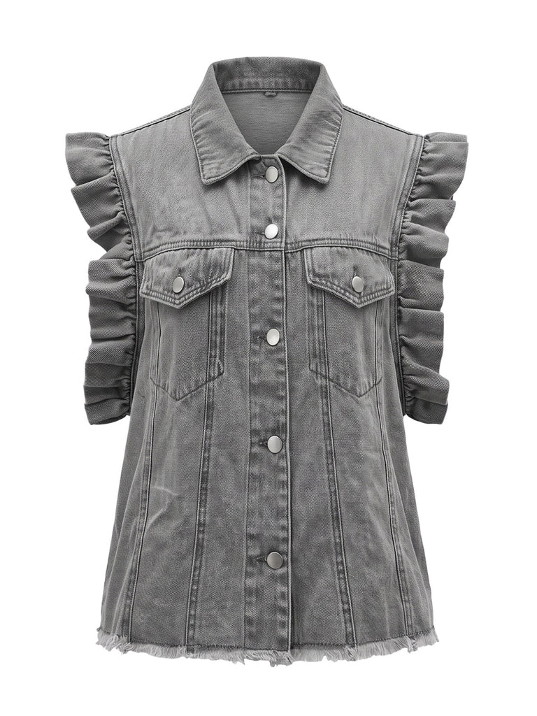 Veste Sans Manches Grise Boutonnée avec Poches à Volants Années 1950 2