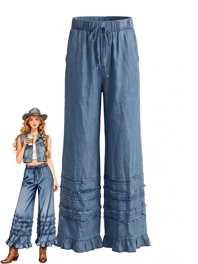 Pantalon Ruffled Ourlet Jambes Larges Denim Années 1970