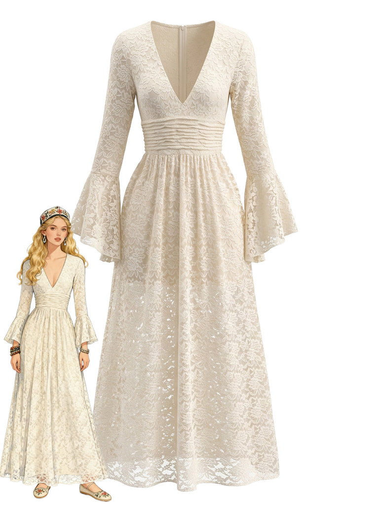 Robe longue beige en dentelle à manches cloche et taille froncée années 1970