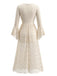 Robe longue beige en dentelle à manches cloche et taille froncée années 1970