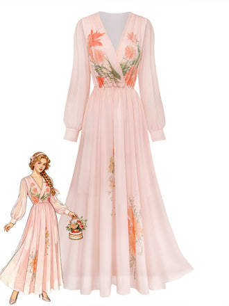 Robe Orange Rose Floral Manches Bouffantes Maxi Années 1930