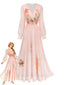 Robe Rose Pâle Floral Col V Croisé Mousseline Années 1930