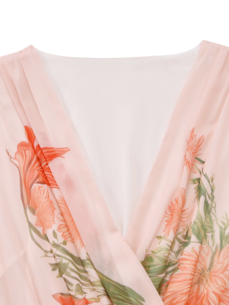 Robe Orange Rose Floral Manches Bouffantes Maxi Années 1930