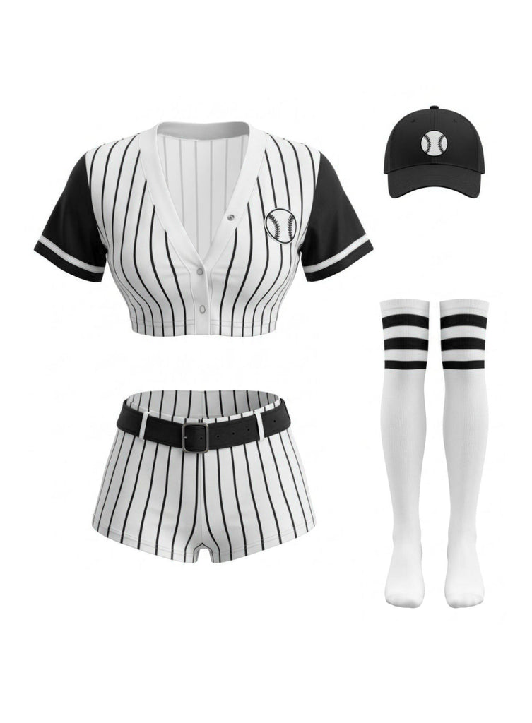 Ensemble costume de joueur de baseball à fines rayures avec chapeau et chaussettes années 1970