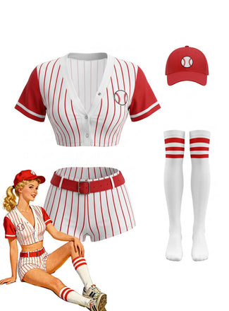 Ensemble costume de joueur de baseball à fines rayures avec chapeau et chaussettes années 1970