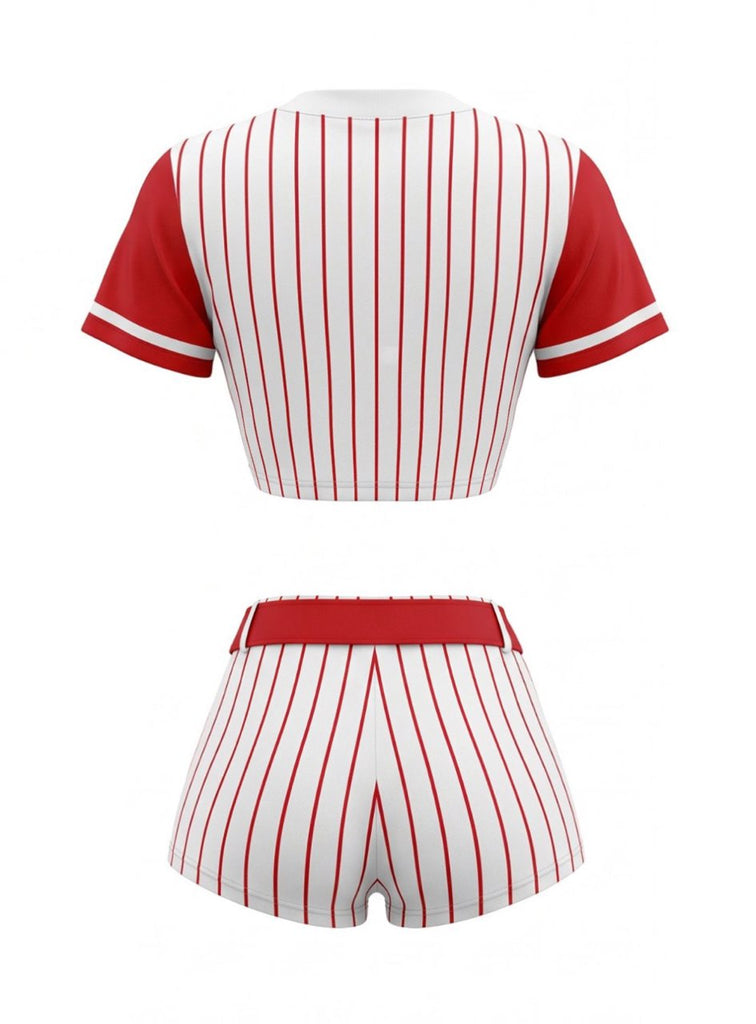 Ensemble costume de joueur de baseball à fines rayures avec chapeau et chaussettes années 1970
