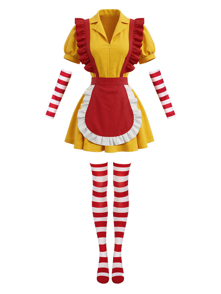 Ensemble costume rayé de serveuse fast-food à volants et tablier Années 1980