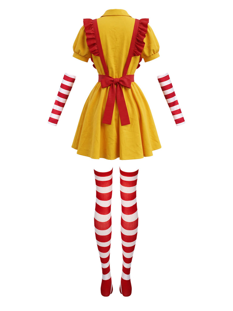 Ensemble costume rayé de serveuse fast-food à volants et tablier Années 1980