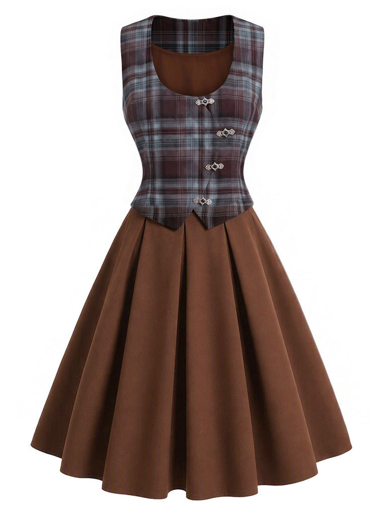 [Prévente] Ensemble 3PCS avec blouse à manches bouffantes, gilet à carreaux et jupe Années 1950