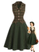[Prévente] Ensemble 2PCS vert à carreaux avec gilet et jupe en A Années 1940