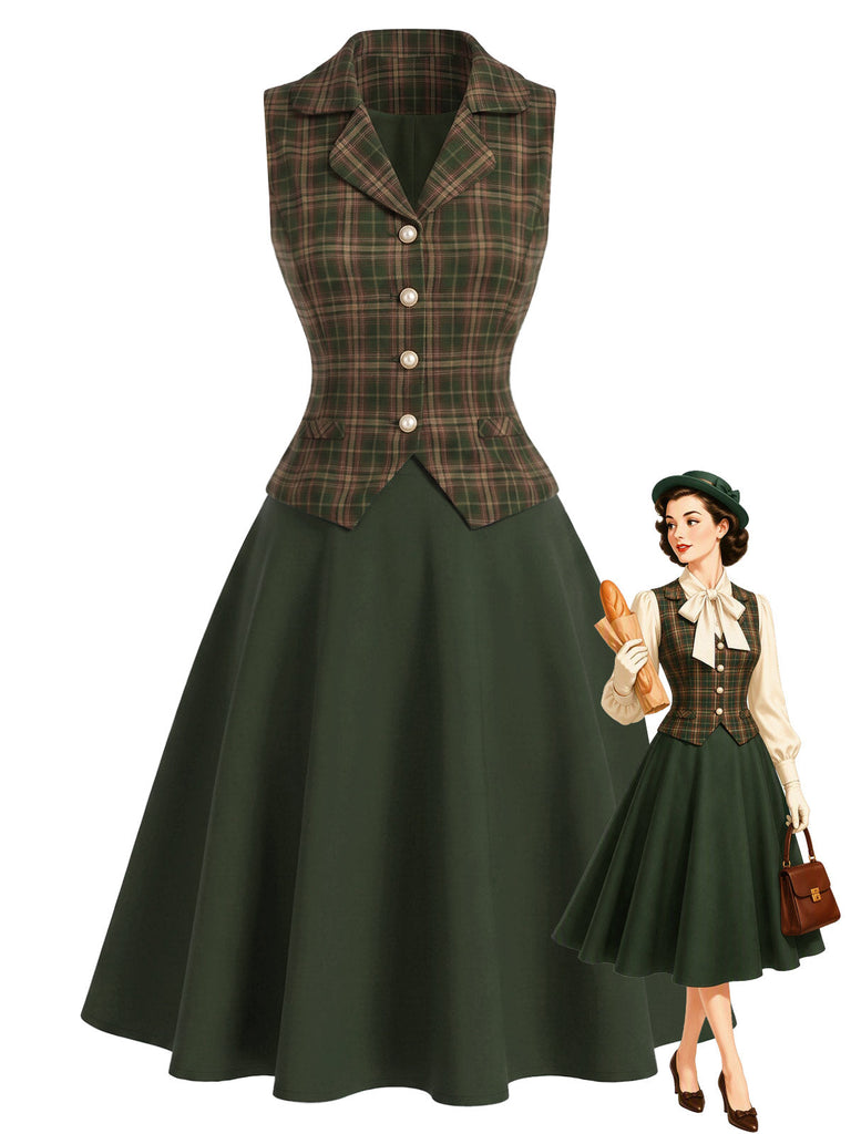 [Prévente] Ensemble 3PCS avec blouse à col lavallière, gilet à carreaux et jupe en A Années 1940