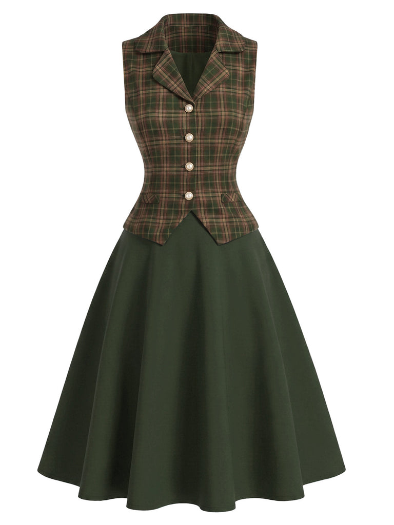 [Prévente] Ensemble 2PCS vert à carreaux avec gilet et jupe en A Années 1940