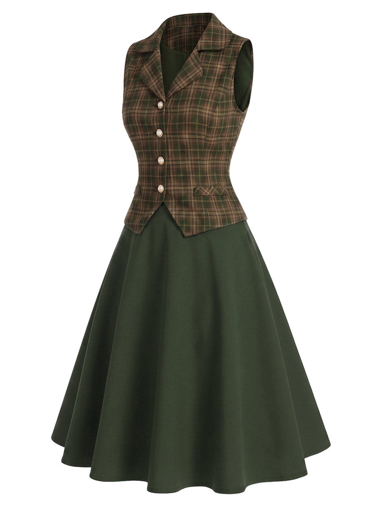[Prévente] Ensemble 2PCS vert à carreaux avec gilet et jupe en A Années 1940