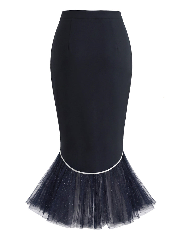 [Prévente] Jupe sirène bleu foncé à bordure contrastée et ourlet en tulle Années 1960