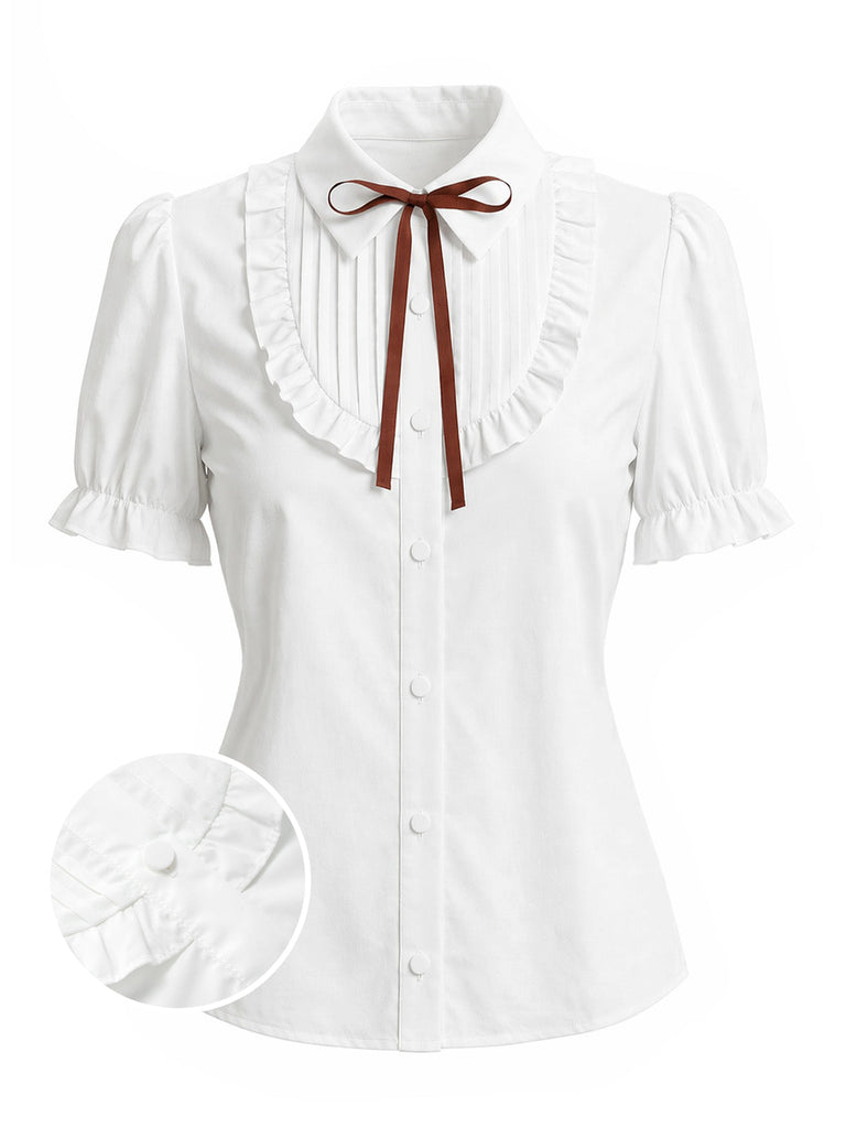 [Prévente] Blouse blanche à manches bouffantes, volants et col à nœud Années 1940