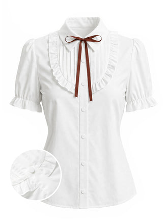 [Prévente] Blouse blanche à manches bouffantes, volants et col à nœud Années 1940