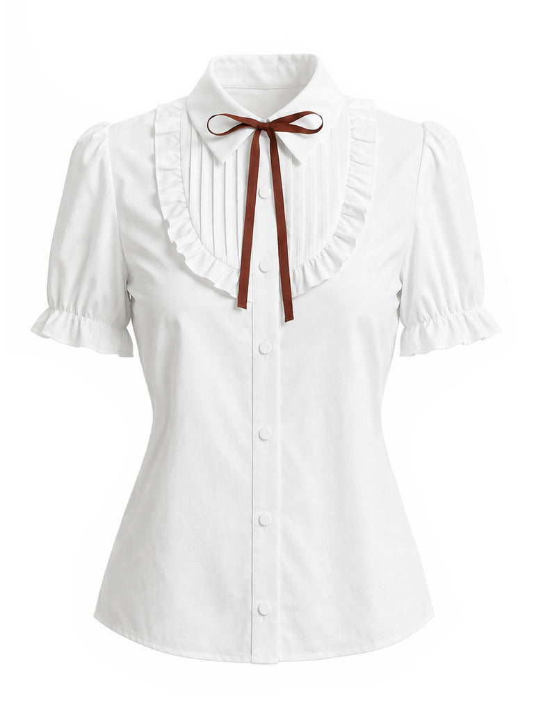 [Prévente] Blouse blanche à manches bouffantes, volants et col à nœud Années 1940